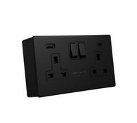 Shp 2 Gang 13A Screwless Socket - 4mm Matte Black Metal Thin Plate With Usb (A & C) Fast Charge & 35mm Surface Box