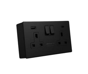 Shp 2 Gang 13A Screwless Socket - 4mm Matte Black Metal Thin Plate With Usb (A & C) Fast Charge & 35mm Surface Box