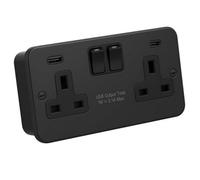 Shp 2 Gang 13A Switched Socket With Usb C Fast Charge - Matt Black Metal Clad - Heavy Duty 32mm Surface Box