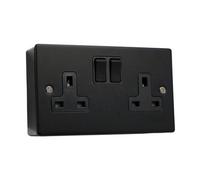 SH|P® COMPACT 3mm Thin Plate Ultra Matt Black Metal 13A 2 Gang Socket and 25mm Plastic Surface Mount Pattress Box (2 Gang Socket + Back Box)