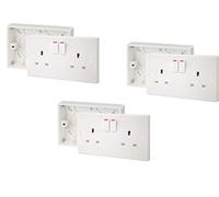 SHP Electrical® 13A Double White Switched Socket & Premium Double Surface Mount 25mm Pattress Box 2 Gang Set Electrical Outlets - Screw Caps Included