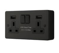 SHP ELECTRICAL® 2 Gang 13A Socket with Dual USB (3.1A Total) - FASTCHARGE | Matt Black Metal Finish with 35mm Surface Box | Type A & A USB | BS Certified Wall Outlet