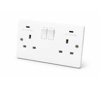 SHP Electrical® Curved Double Socket with 2 x FASTCHARGE 15W USB-C Ports, 2 Gang Switched Wall Socket White, Double Plug Socket for Bedroom Kitchen Office