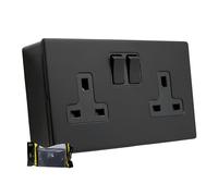 SHP ELECTRICAL® Screwless Matt Black Metal 2 Gang 13A Switched Socket and 25mm Surface Mount Pattress Box (2 Gang Socket + Back Box (2 Pack))