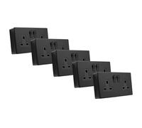 SHP ELECTRICAL® Screwless Matt Black Metal 2 Gang 13A Switched Socket and 25mm Surface Mount Pattress Box (2 Gang Socket + Back Box (5 Pack))