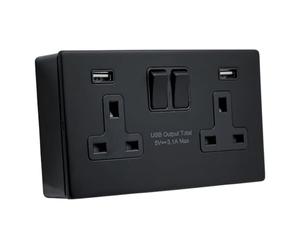 SHP ELECTRICAL® Screwless Matt Black Metal 2 Gang 13A Switched Socket and 25mm Surface Mount Pattress Box FASTCHARGE 15W USB Ports (2 Gang USB Socket (Type A) + Back Box)