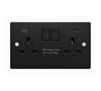 SHP ELECTRICAL® Ultra Matt Black Metal 13A 2 Gang Socket with 2 USB Ports (Type A&C)