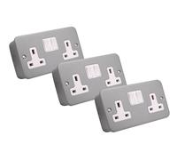 SHPELEC® 13A Premium Switched Metal Clad Double Sockets 2 Gang BS Standard - Available in 1, 2, and 3 Pack Variations (3)