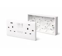 SHPELEC® 13A Slimline Double Socket + 29mm Surface Mount Back Box Set Premium Curved Edge White Plastic Electrical Sockets Range Screw Caps Included (USB Type C - 2 Gang)