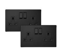 SHPELEC® Black Double Socket - 13A 2 Gang Double Pole Switched Plug Socket, Screwless Matt Black Metal, 4mm Slim Plate, BS 1363, Wall Socket for Home & Office (Pack of 2)