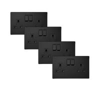 SHPELEC® Black Double Socket - 13A 2 Gang Double Pole Switched Plug Socket, Screwless Matt Black Metal, 4mm Slim Plate, BS 1363, Wall Socket for Home & Office (Pack of 4)