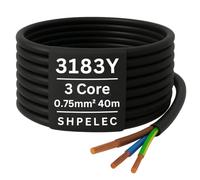 SHPELEC® FLEXIBLE Black Cable 3183Y 0.75mm, 1.0mm, 1.5mm, 2.5mm BASEC Approved Black PVC LED Lighting 5m 10m 15m 20m 50m (0.75mm 3 Core - 40metres)