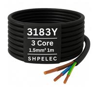 SHPELEC® FLEXIBLE Black Cable 3183Y 0.75mm, 1.0mm, 1.5mm, 2.5mm BASEC Approved Black PVC LED Lighting 5m 10m 15m 20m 50m (1.5mm 3 Core - 1 Metre)