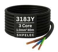 SHPELEC® FLEXIBLE Black Cable 3183Y 0.75mm, 1.0mm, 1.5mm, 2.5mm BASEC Approved Black PVC LED Lighting 5m 10m 15m 20m 50m (1.0mm 3 Core - 60 metres)