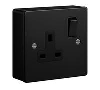 SHPELEC® Matt Black Metal Switch and Socket Range with Surface Mount Back Box - Sleek, Durable, and Easy to Install (1 Gang Socket + Back Box, Screwed Version)