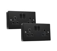 SHPELEC® Matt Black Metal Switch and Socket Range with Surface Mount Back Box - Sleek, Durable, and Easy to Install (2 Gang Socket + Back Box (2 Pack), Screwed Version)