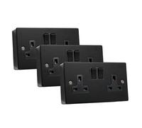 SHPELEC® Matt Black Metal Switch and Socket Range with Surface Mount Back Box - Sleek, Durable, and Easy to Install (2 Gang Socket + Back Box (3 Pack), Screwed Version)