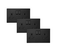 SHPELEC® Matt Black Screwless 2 Gang Plug Socket 13A - 4mm Slim Metal Plate Double Socket for Modern UK Electrical Installations (3 PACK)