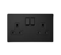 SHPELEC® Matt Black Screwless 2 Gang Plug Socket 13A - 4mm Slim Metal Plate Double Socket for Modern UK Electrical Installations