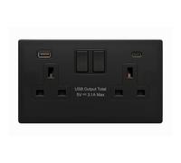 SHPELEC® Matt Black Screwless 2 Gang Plug Socket with USB A C - 4mm Slim Metal Plate Double Socket with Integrated 15W FASTCHARGE USB Ports