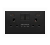 SHPELEC Matt Black Screwless Metal Plate Switches & Sockets Range 4mm Slim Profile - Plug Sockets, Light Switches, Fused Spurs, USB A&A/A&C Options (2 Gang Socket with USB Ports (A&A), 1 PACK)