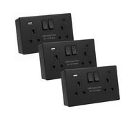 SHPELEC® Matt Black Screwless Sockets & Switches Premium Black Wiring Accessories Range (2 Gang Socket with USB Ports (Type A&C) & 35mm Back Box, 3 PACK)