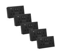 SHPELEC® Matt Black Screwless Sockets & Switches Premium Black Wiring Accessories Range (2 Gang Socket with USB Ports (Type A&C) & 35mm Back Box, 5 PACK)