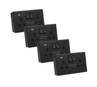 SHPELEC® Matt Black Screwless Sockets & Switches Premium Black Wiring Accessories Range (2 Gang Socket with USB Ports (Type A&C) & 35mm Back Box, 4 PACK)