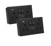 SHPELEC® Matt Black Screwless Sockets & Switches Premium Black Wiring Accessories Range (2 Gang Socket with USB Ports (Type A&C) & 35mm Back Box, 2 PACK)