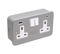 SHPELEC® Metal Clad 2 Gang 13A Switched Socket with USB A & C Ports - Heavy Duty Double Socket - Industrial Grade - Steel Clad - UK Standard (USB Type (A & C), 1 Pack)