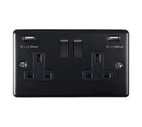 Shpelec Premium Round Edge Matt Black 2 Gang 13A Dp Switched Socket With 3.1A Usb Ports