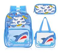 SHPMXUPW 3-Piece Clear PVC School Backpack for Boys and Girls, 17″ Kids Transparent Backpack Set with Lunch Bag & Pencil Case-Adjustable Straps, Side Mesh Pocket & Sturdy Handle, Blue-Shark, Blue, Red