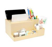 Shpucise Rectangular Tissue Cover Box for Office Living Room, Multi Functional Plastic Desk Organizer with Phone Remote Control Holder, Cream Yellow Pen Pencil Holder