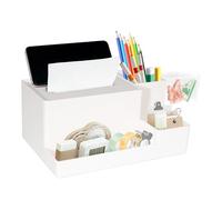 Shpucise Rectangular Tissue Cover Box for Office Living Room, Multi Functional Plastic Desk Organizer with Phone Remote Control Holder, Off-White Pen Pencil Holder