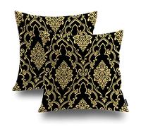 Shrahala Baroque Damask Decorative Throw Pillow Cover, Gold and Black Floral Ornament Scroll Square Pillowcase Blended Double-Sided No Inserts for Bedroom Living Room Set of 2 (20 x 20 in)