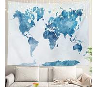 Shrahala Maps Map World Wall Tapestry, Blue Kids Art College Christmas White Wall Hanging Large Tapestry Decoration Polyester Fiber White Hem Around for Dorm Room Bedroom 59.1 x 82.7 in