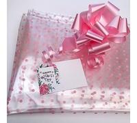 ShredAstic ® Pink dot design Florist Cellophane / 30mm Pale Pink pull bow/Happy Mothers day florist card hampers occasions gift wrap packaging (3 metres)
