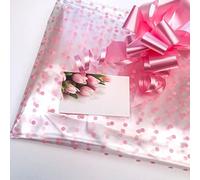 ShredAstic ® Pink dot design Florist Cellophane / 30mm Pale Pink pull bow/Tulips design florist card. Mothers day Easter hampers occasions gift wrap packaging (5 metres)