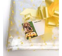 ShredAstic ® Yellow Dot design Florist Cellophane / 30mm yellow pull bow/ShredAstic Easter florist card. Mothers day Easter hampers occasions gift wrap packaging (3 metre)