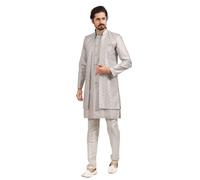 Shreyanvi Men's Indian Groomsmen Traditional Wedding Ethnic Wear Waistcoat Party Kurta Pyjama Set With Nehru Jacket, Grey, 44