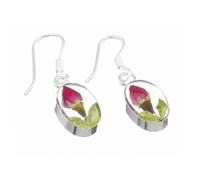 Shrieking Violet 925 Sterling Silver Oval Real Flower Drop Earrings - Rose (Red)