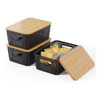 Shrivee Set of 3 Black Rectangular Bamboo Lid Storage Boxes, 5L Capacity, Stackable, Ventilated, Kitchen Storage Boxes for Shelves, Cupboards, Home (Black)