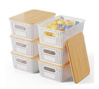 Shrivee Set of 6 Storage Boxes with Bamboo Lid, 5 L Storage Basket, Plastic Basket Storage, Kitchen Storage Boxes for Shelves, Cupboards, Cupboards and Home (White)