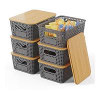 Shrivee Set of 6 Storage Boxes with Bamboo Lid, 5 L Storage Basket, Plastic Basket Storage, Kitchen Storage Boxes for Shelves, Cupboards, Cupboards and Home (Dark Grey)