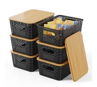 Shrivee Set of 6 Storage Boxes with Bamboo Lids, Bathroom, Kitchen Storage Boxes for Shelves, Cupboards, Cabinets and Home (Black, Set of 6 5 Litres)