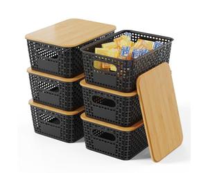 Shrivee Set of 6 Storage Boxes with Bamboo Lids, Bathroom, Kitchen Storage Boxes for Shelves, Cupboards, Cabinets and Home (Black, Set of 6 5 Litres)