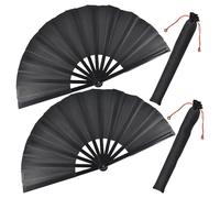 SHRJ 2Pcs Black Nylon Folding Fans Chinese Kung Fu Fan with Holder Sleeve