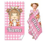 SHROUDEX Personalised Beach Towel With Name, Personalised Cartoon Girl Microfibre Beach Towel, Personalised Towel, Bath Towel for Girls, Kids, Family (A, 80 x 150 cm)