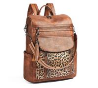 Shrrie Laptop Backpack for Women 15.6 inch,Travel Leather Backpack Purse Nurse Teacher Carry on Backpack Computer Bag,College Business Work Casual Daypack,Brown With Leopard