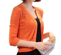 Shrug Womens Bolero Cardigan,Summer Knitted Croppe Jacket Women'S 3/4 Sleeves Shrug Heart Button Bolero Shrug Crochet Cardigan Stretch Cropped Top Cardigan See Through Cover-Up For Dresses,Orange,L